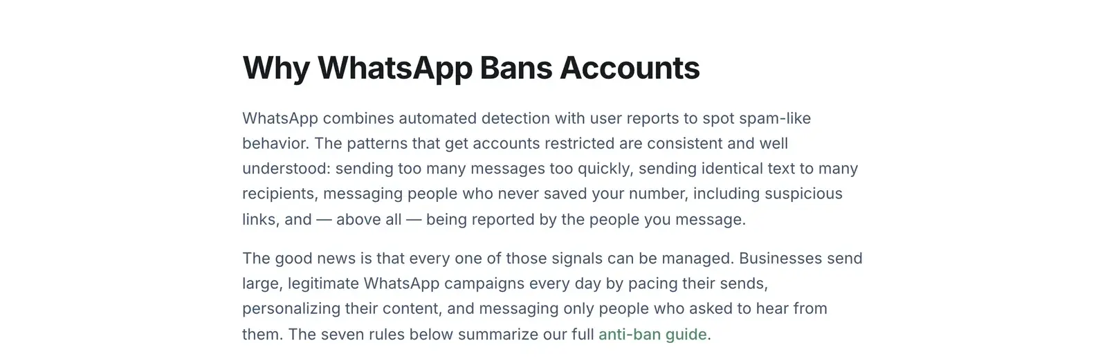 Why WhatsApp bans accounts: sending too fast, identical text, messaging people who never saved your number, being reported