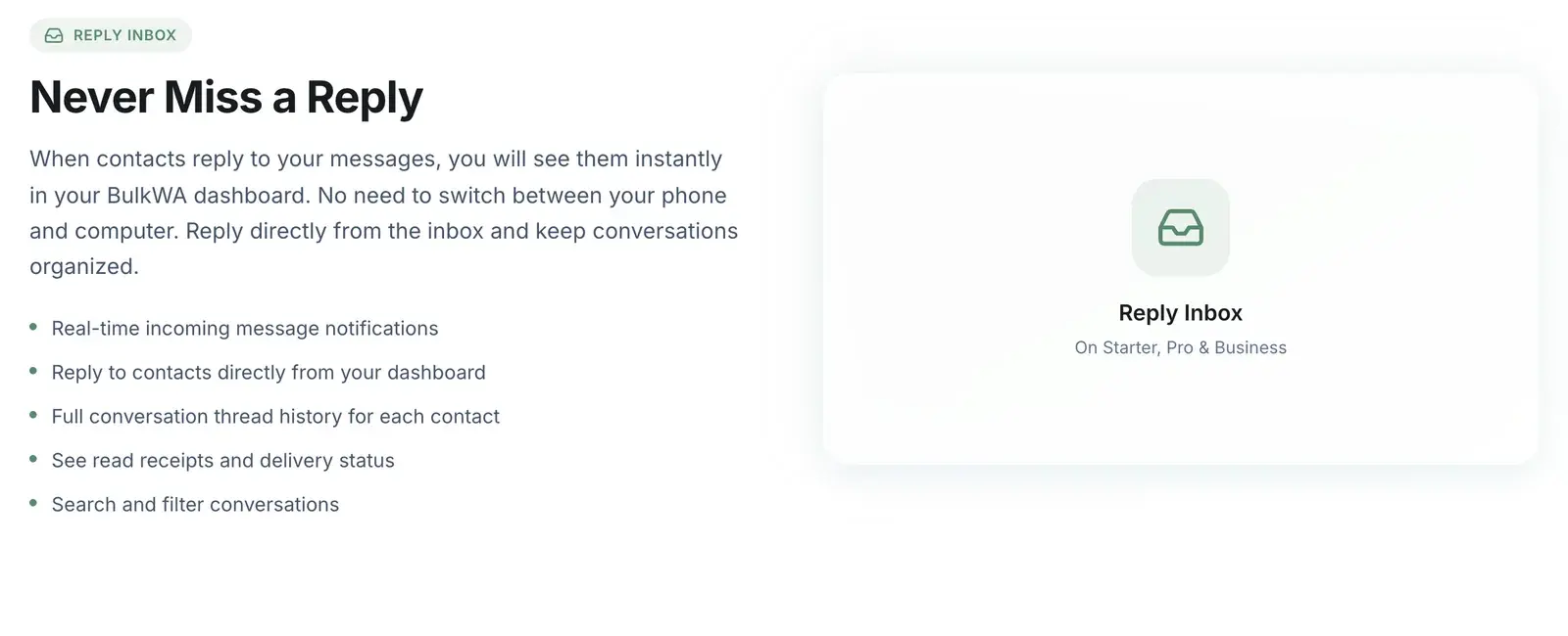 BulkWA reply inbox feature: incoming replies appear in the dashboard with full thread history and read receipts
