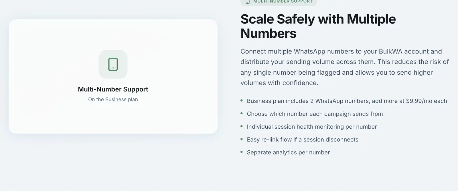 BulkWA multi-number support on the Business plan: connect multiple WhatsApp numbers, choose which sends each campaign, individual session health per number