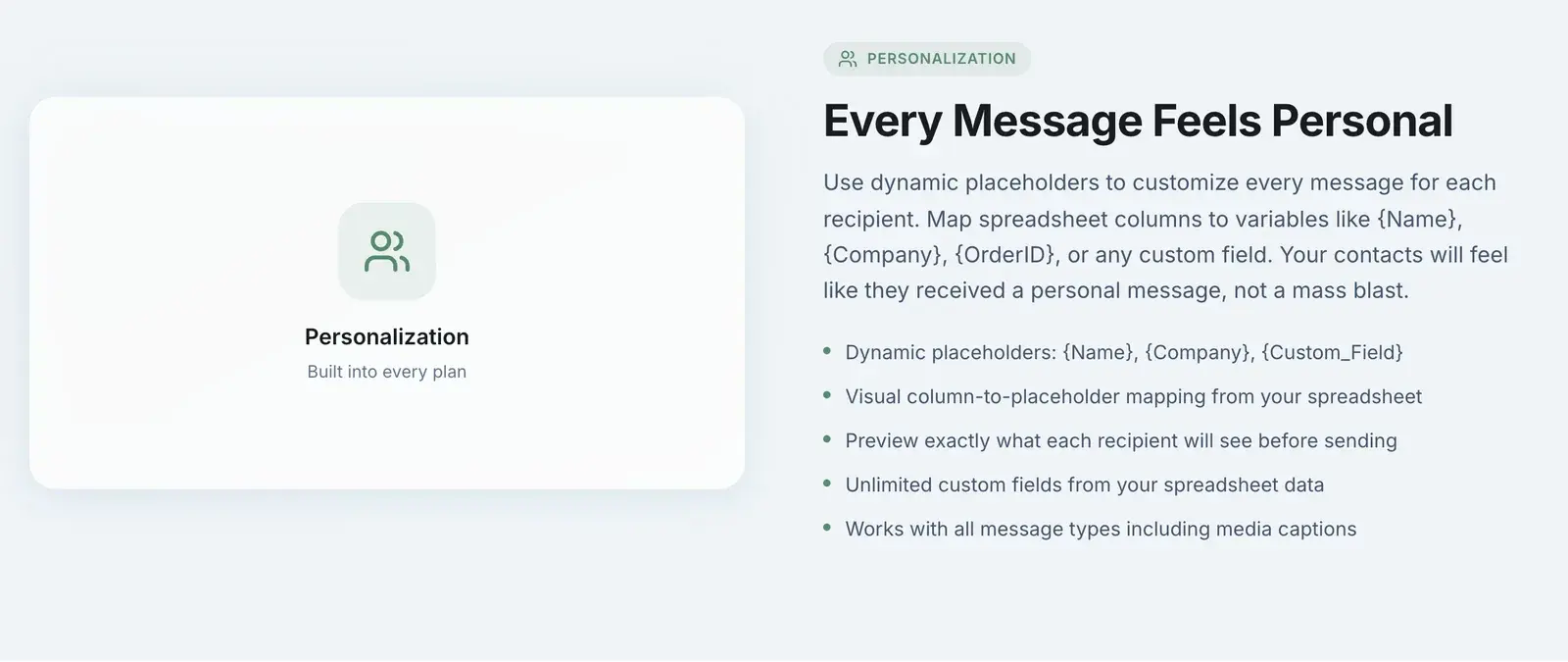 BulkWA personalization: placeholders work with all message types including media captions