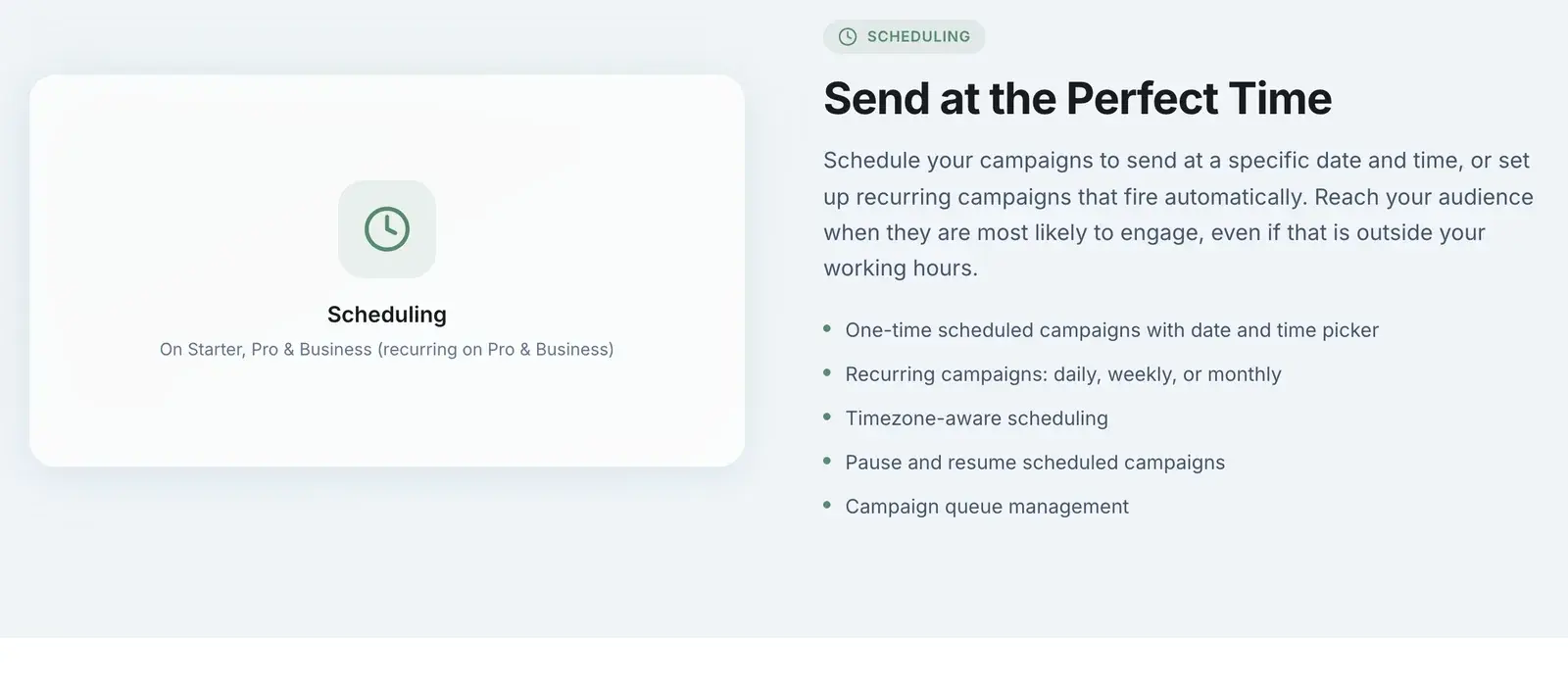 BulkWA scheduling feature: one-time scheduled campaigns, recurring daily/weekly/monthly campaigns, timezone-aware scheduling, pause and resume