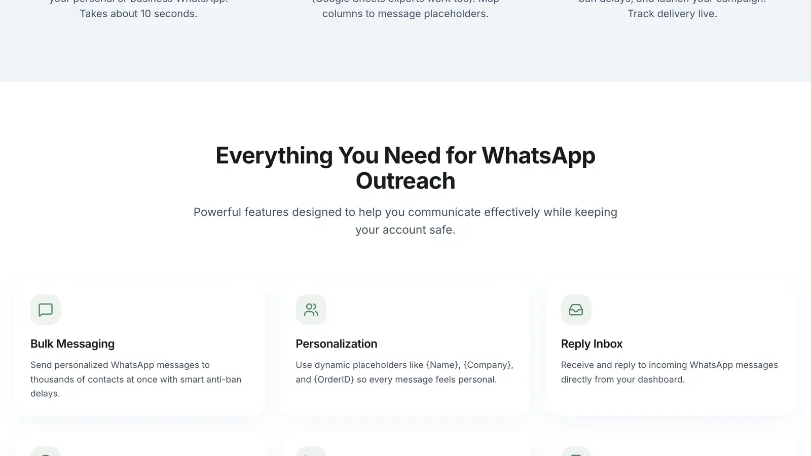 BulkWA feature grid including reply inbox, scheduling and analytics alongside bulk messaging