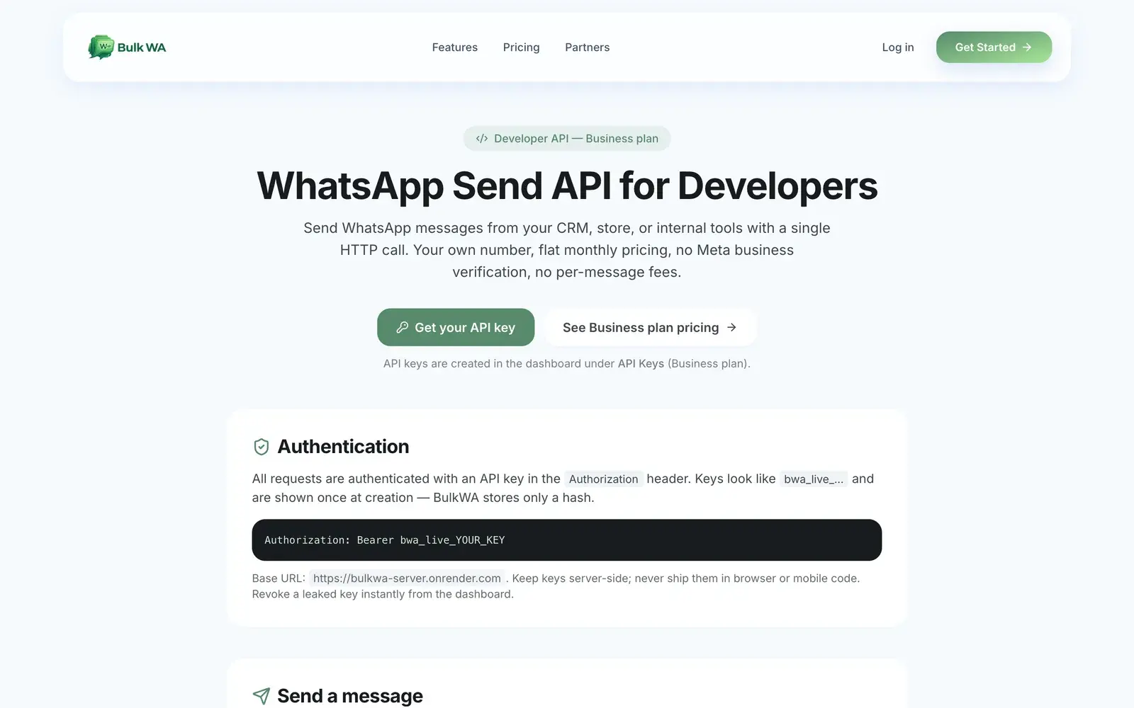 BulkWA WhatsApp Send API for developers: send messages from your CRM, store or internal tools with a single HTTP call, own number, flat pricing, no Meta verification