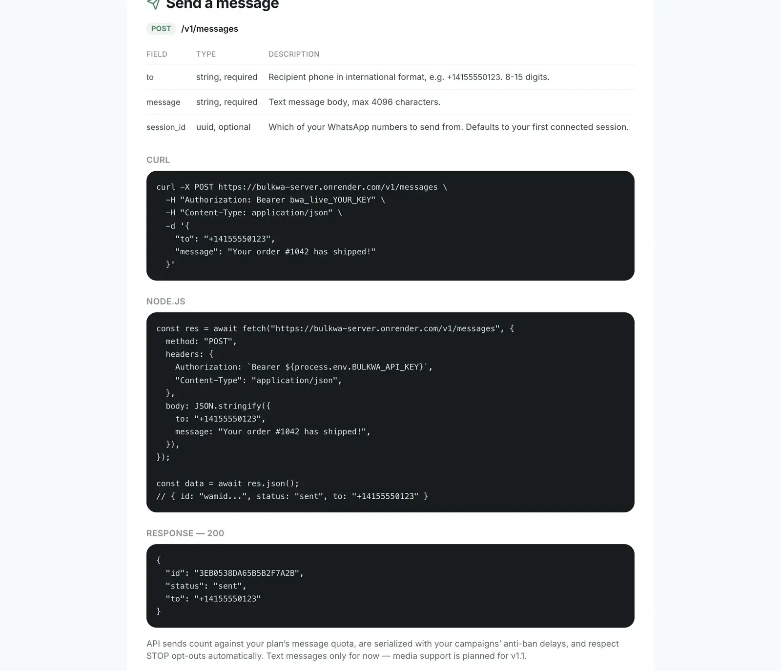 BulkWA POST /v1/messages reference with fields to, message and session_id, plus curl and Node.js examples and a 200 response