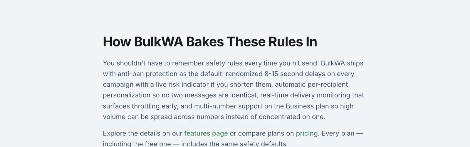 How BulkWA bakes the safety rules in: randomized 8-15 second delays, automatic personalization, delivery monitoring, multi-number support