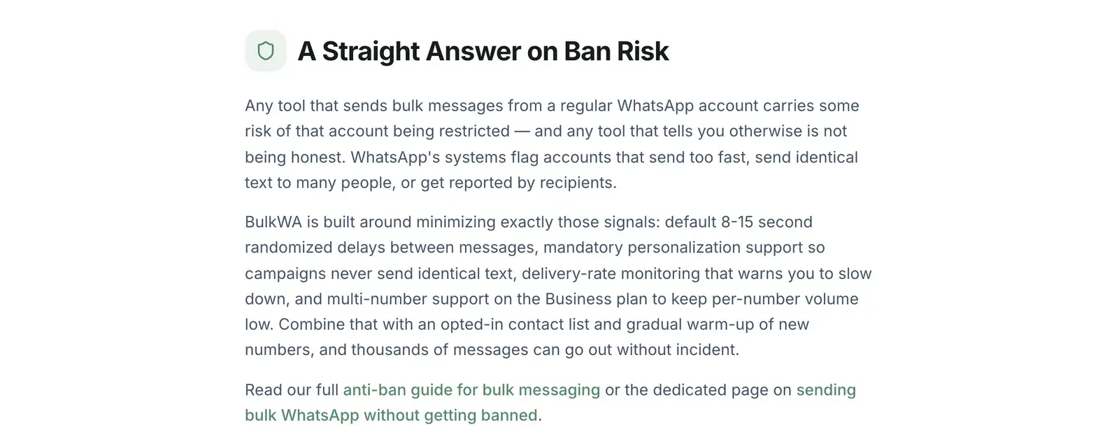 BulkWA's straight answer on ban risk: minimizing signals with delays, personalization, multi-number, warm-up of new numbers
