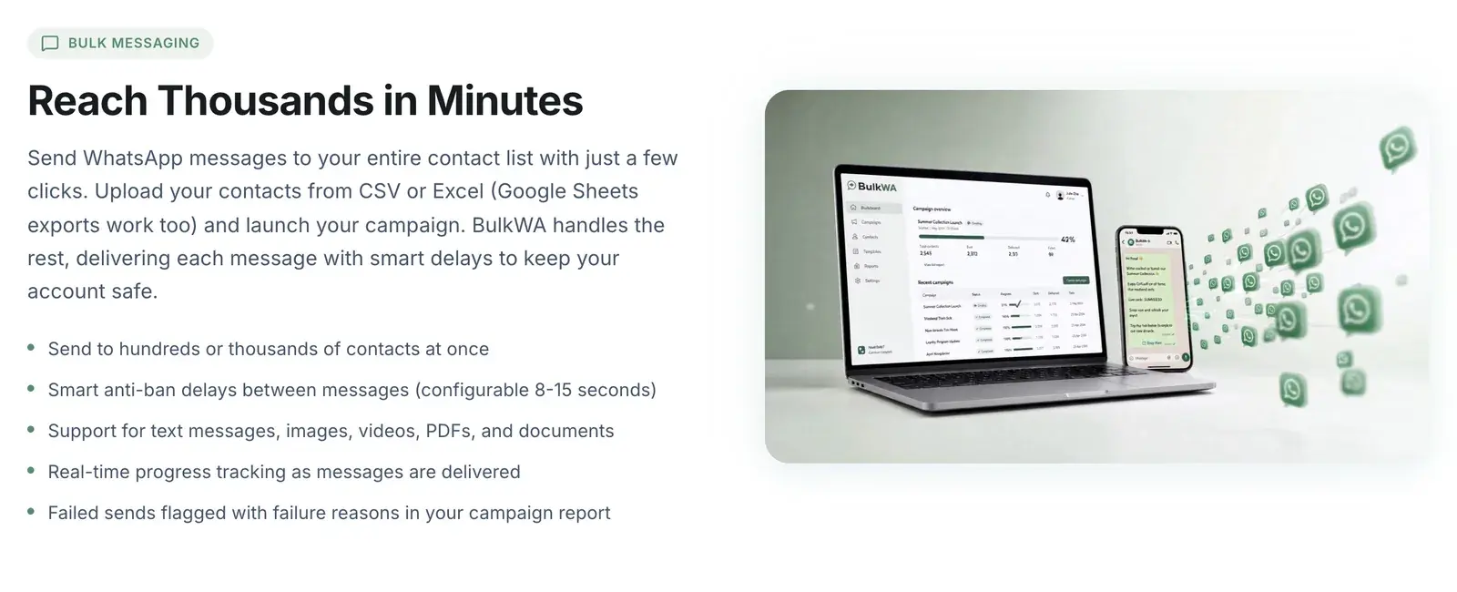 BulkWA bulk messaging feature with a laptop showing the dashboard: send to your entire contact list with smart delays, real-time tracking and failure reasons