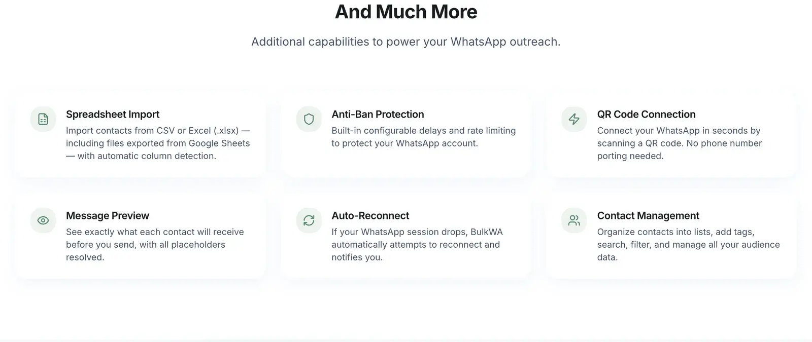 BulkWA additional capabilities including message preview to see exactly what each contact will receive with placeholders resolved