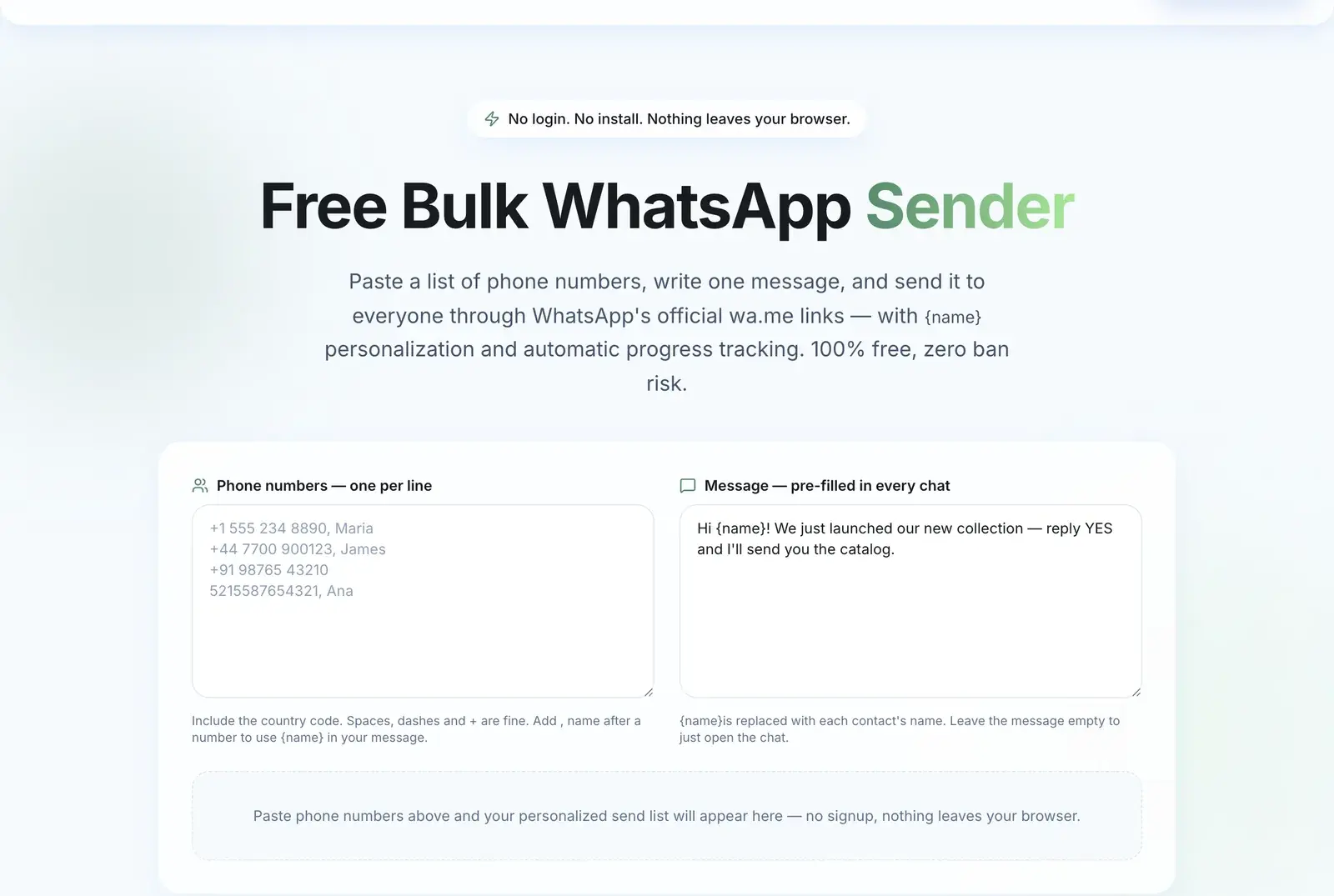 BulkWA free bulk WhatsApp sender tool: paste phone numbers and a message, generate wa.me links per contact