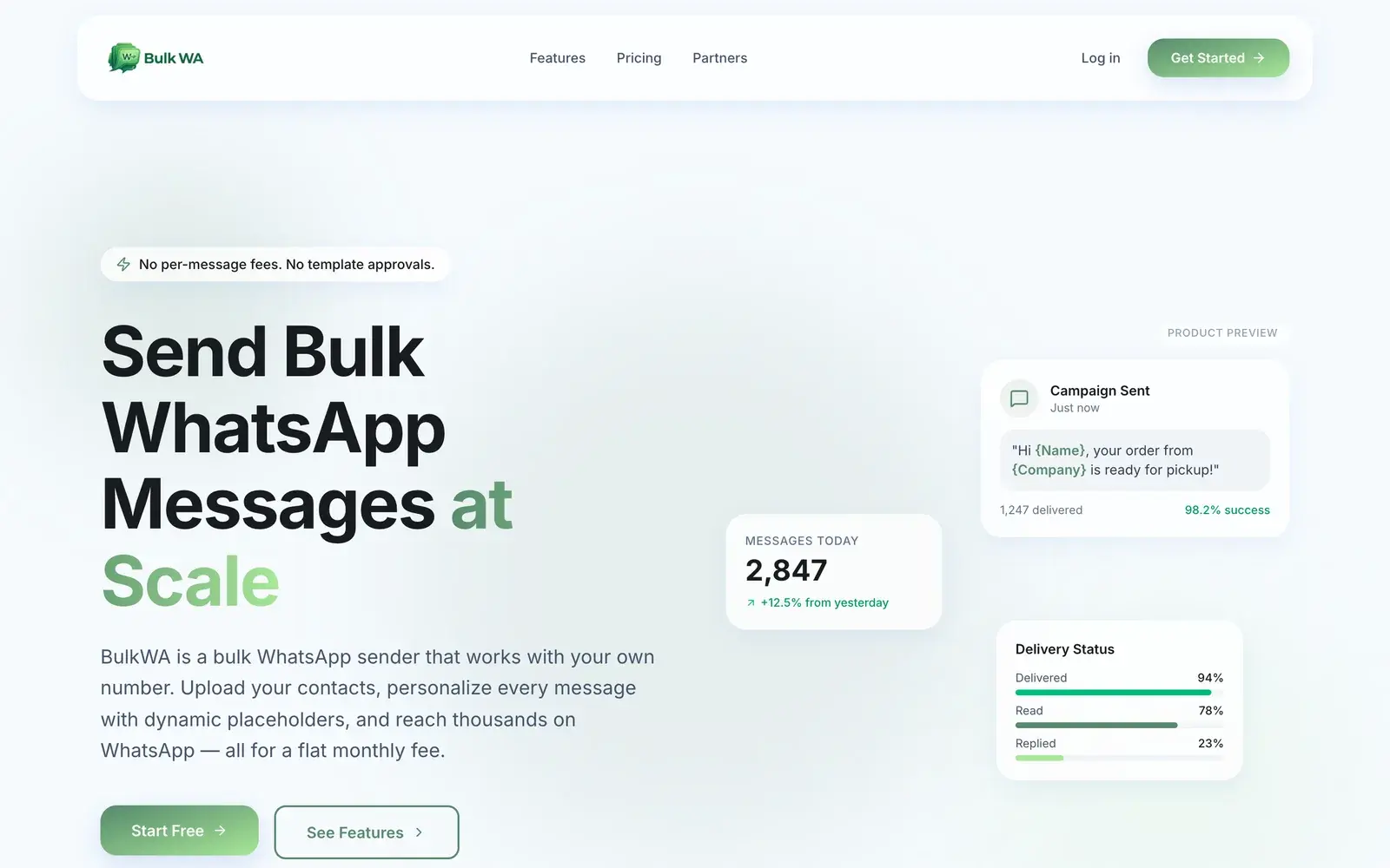 BulkWA homepage: send bulk WhatsApp messages at scale from a browser dashboard, with campaign preview and delivery status