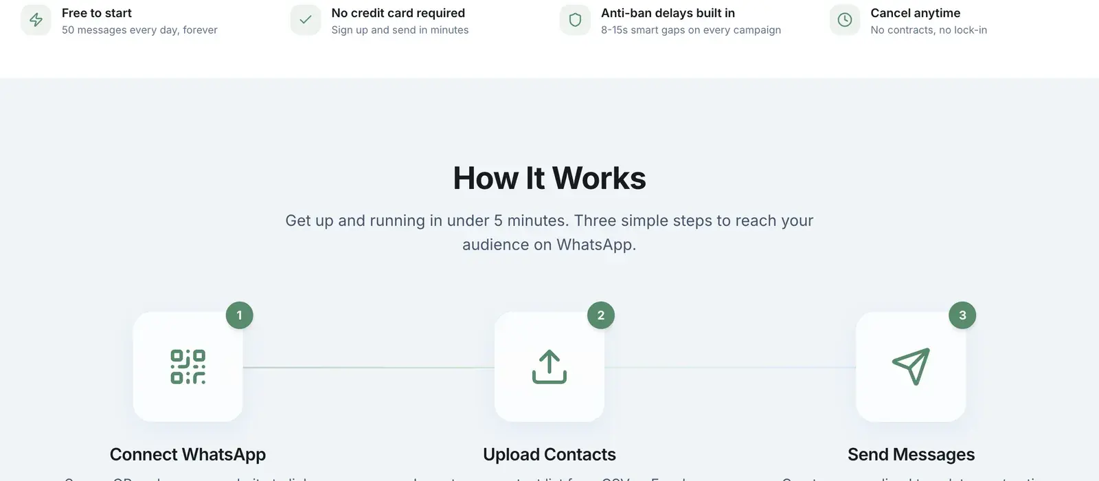 BulkWA three-step flow: connect WhatsApp by QR, upload contacts from CSV or Excel, send messages and track delivery