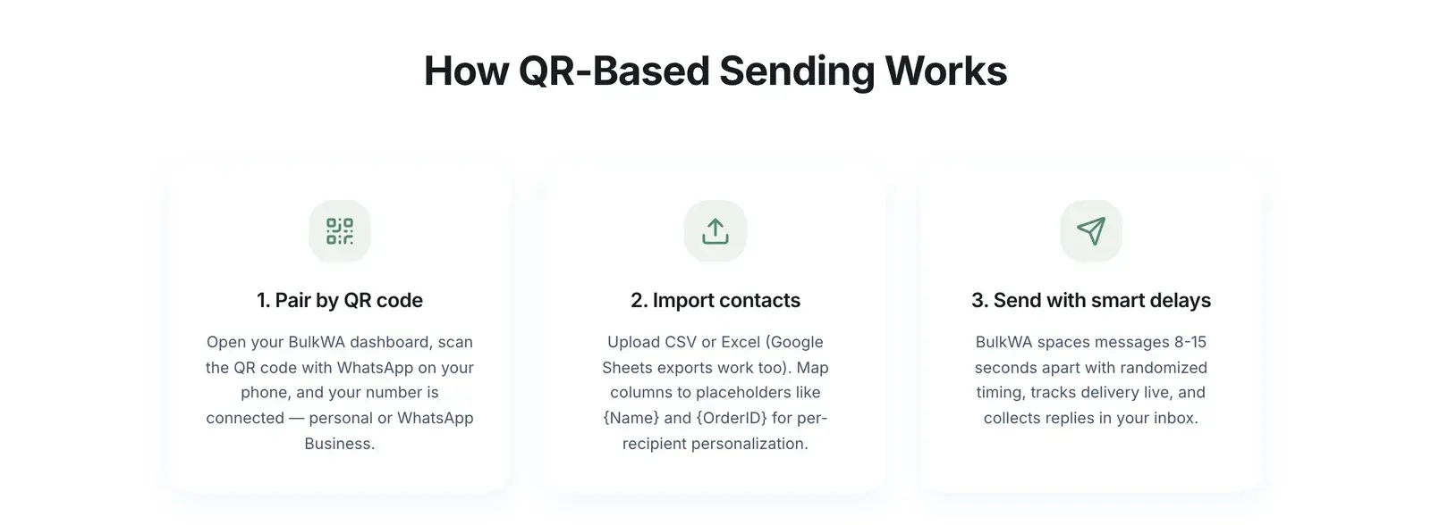 How QR-based sending works: pair by QR code, import contacts, send with smart delays