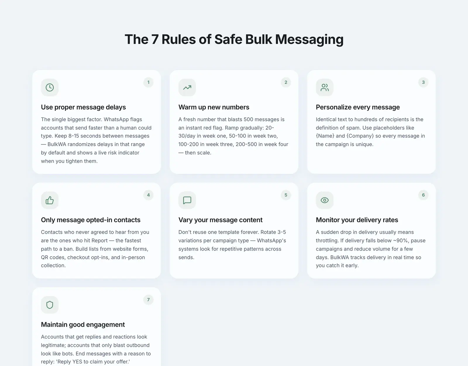 BulkWA's seven rules of safe bulk messaging: delays, warm-up, personalization, opted-in contacts, varied content, monitoring, engagement