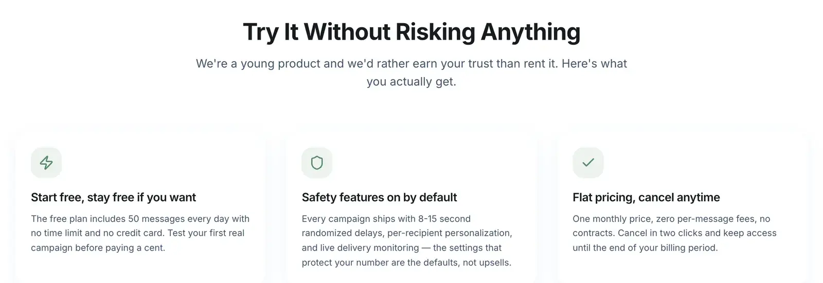 BulkWA trust section: free plan with 50 messages a day, safety features on by default, flat pricing you can cancel anytime